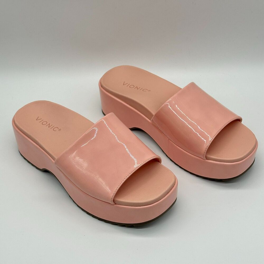 NWOT Vionic Trista Pink Platform Heel Slide Sandal Shoes Womens 8 Patent Leather